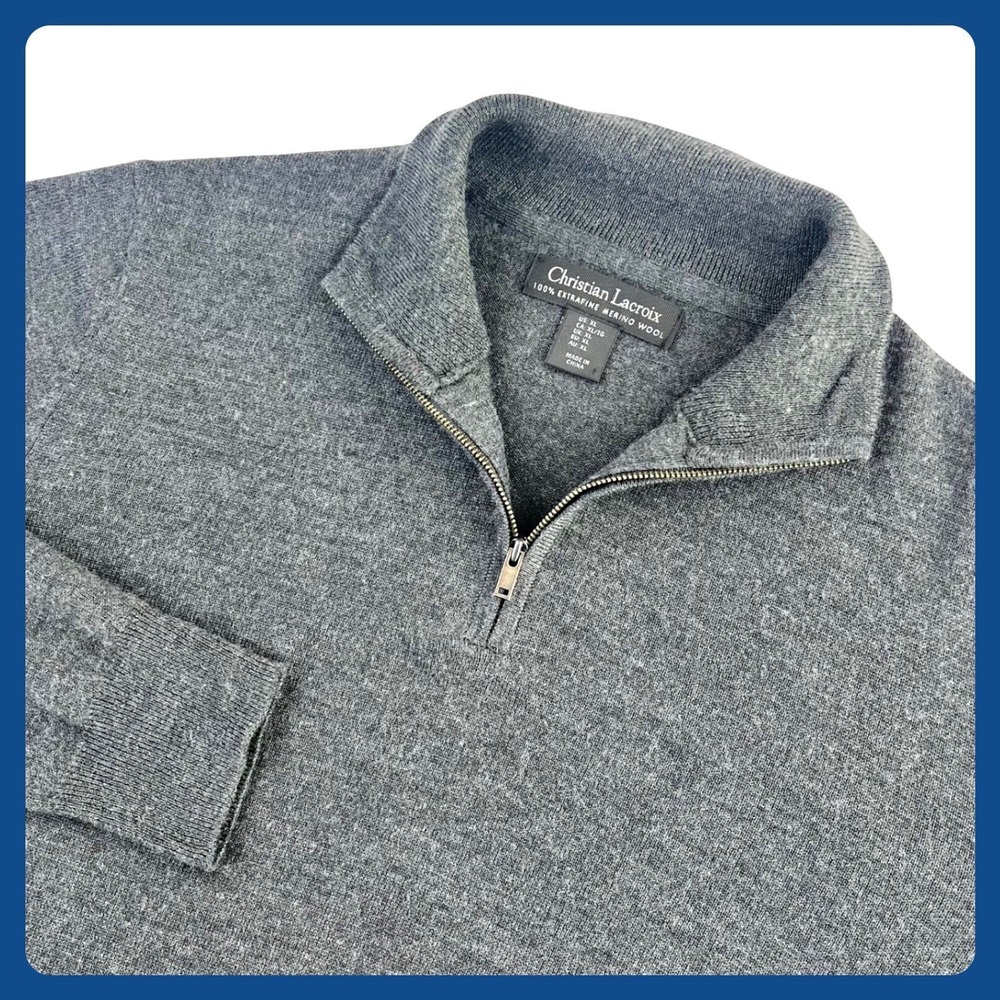 Christian Lacroix 1/4 Zip Sweater Men's XL Gray 100% Extra Fine Wool Mock Neck‎